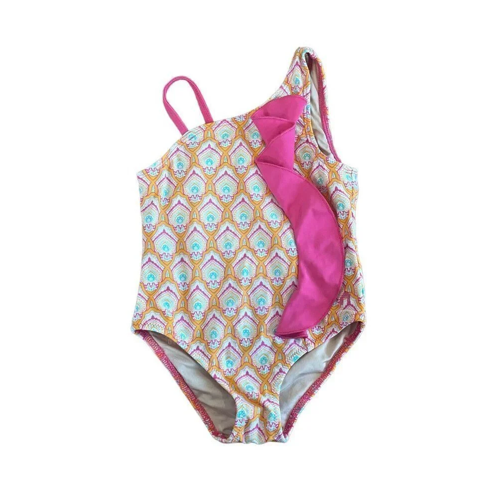 Cabana Life Swimsuit Bathing Girls 3T Orange Pink Ruffle One Piece Fully Lined